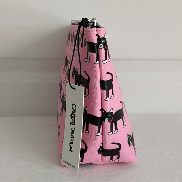 marc tetro Black Cat Print Large Cosmetic Case Pouch PVC Saffiano Pink NWT - Picture 4 of 14